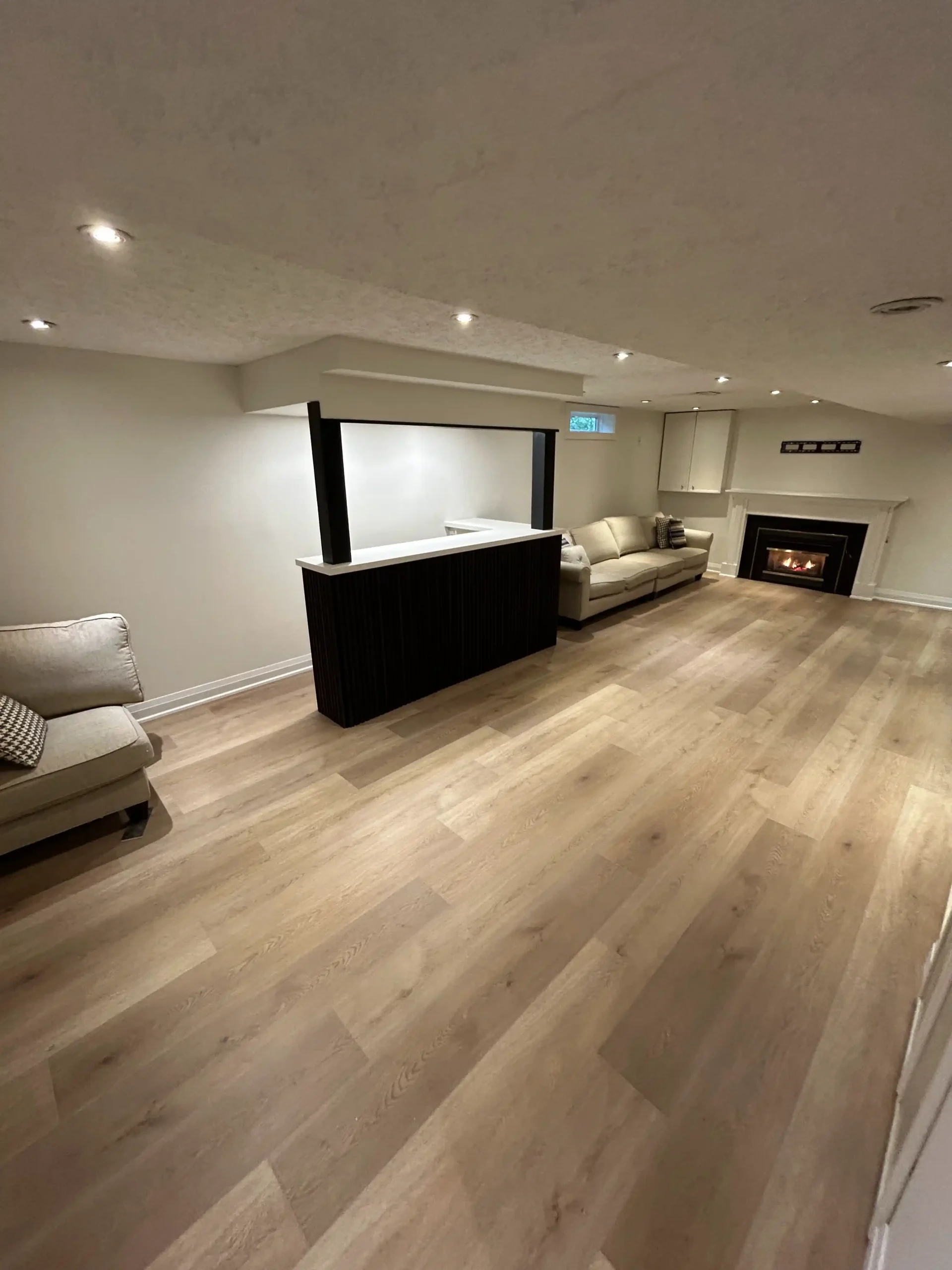 Open basement with a bar and fireplace, Brant Hills, Burlington