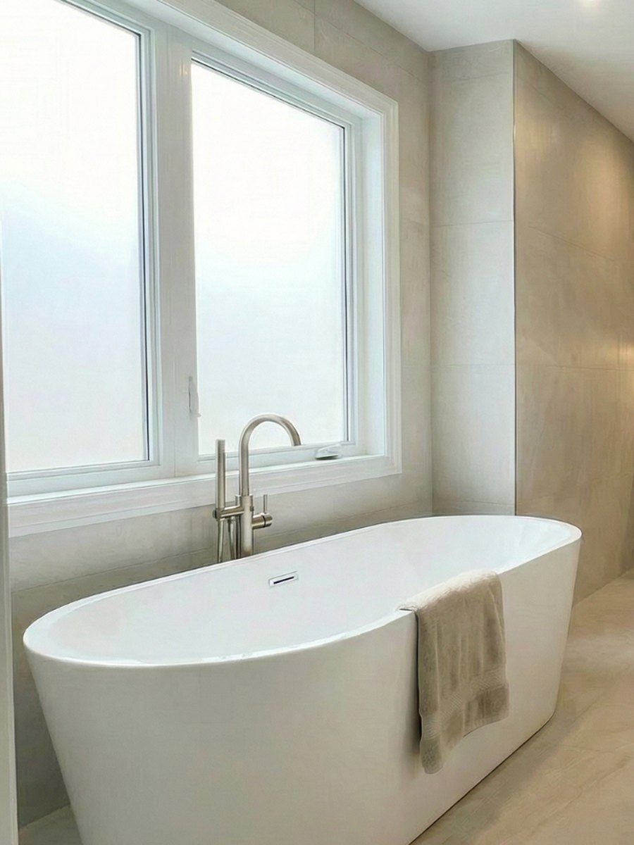 Freestanding tub in a bright ensuite