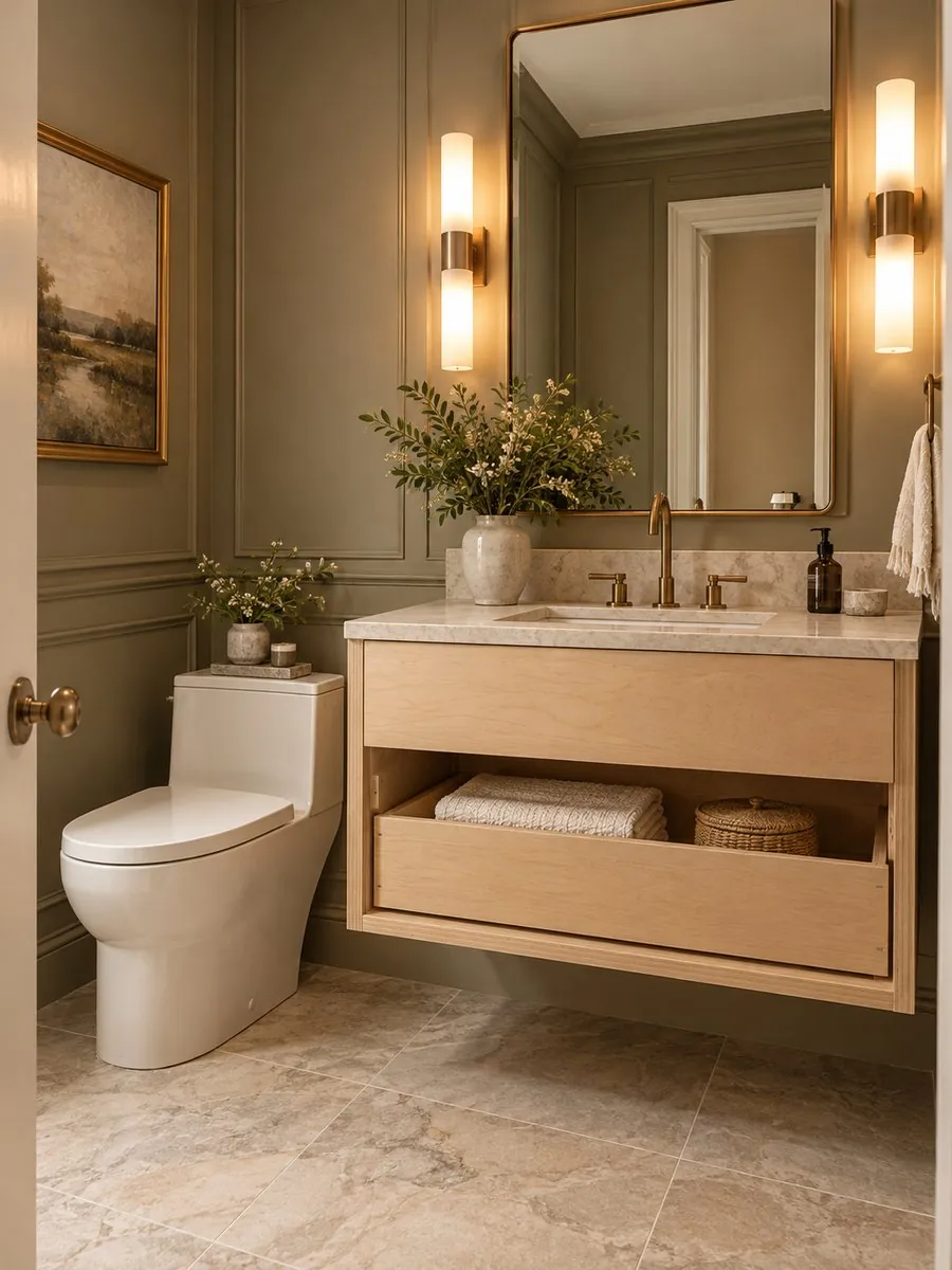 Powder room with a floating wood vanity, brass fixtures and panelled walls